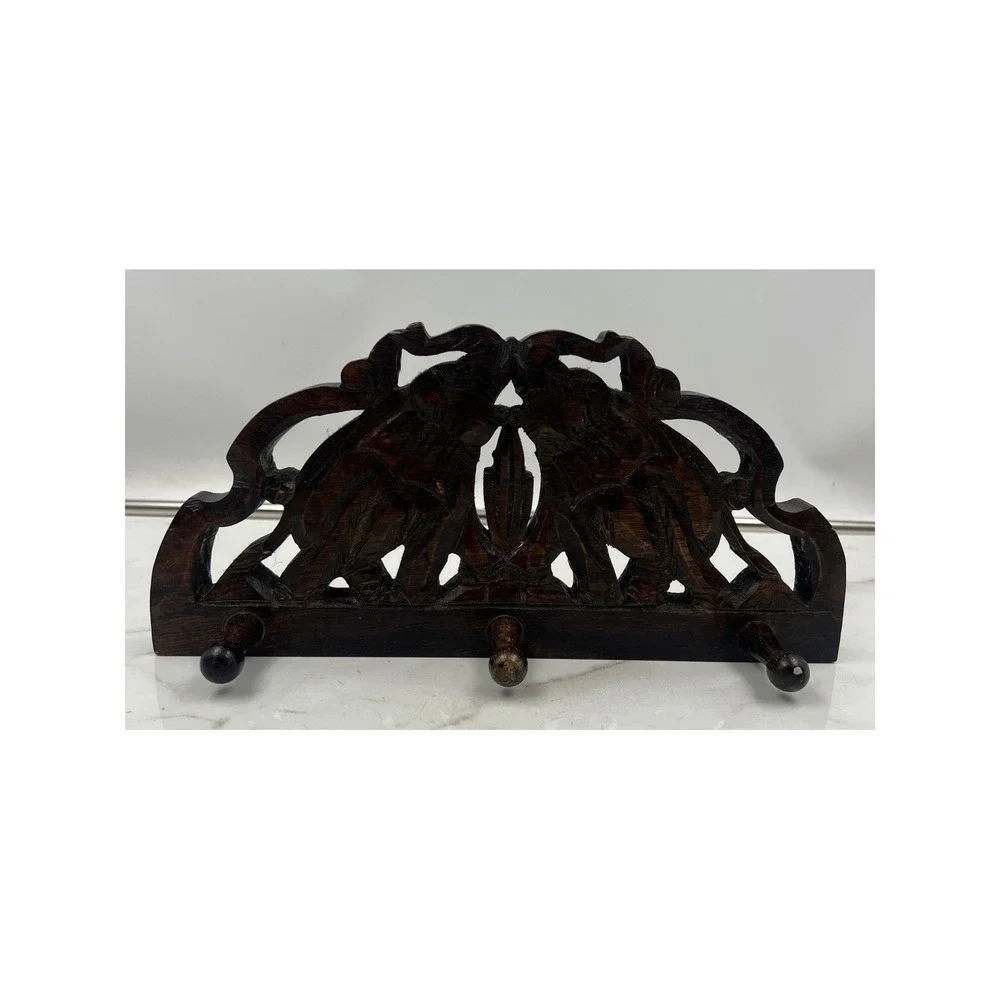 VTG Hand Carved Wood Elephant Wall Hook Rack 3 Peg Key Holder Brown Boho Decor